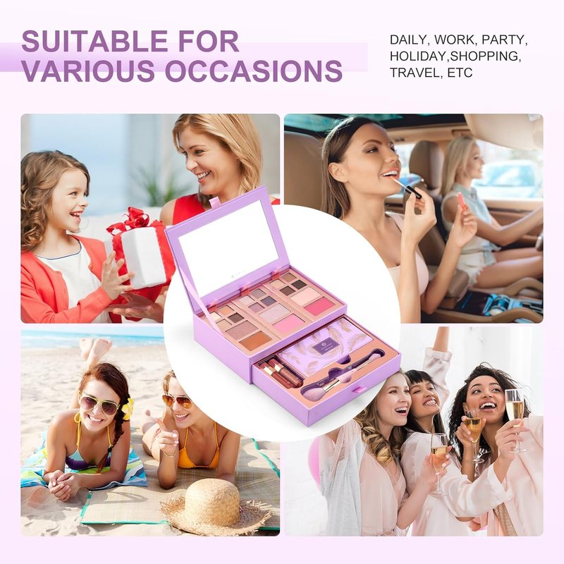 Small Makeup Palette Set - 12 Colors Eyeshadow, Blush, Highlighter & Lip Gloss | Travel-Friendly Cosmetics Gift for Women & Girls - Purple