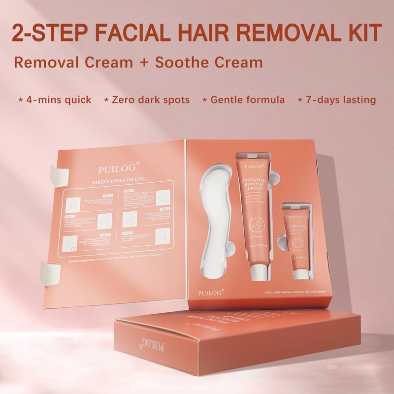 Facial Hair Removal Cream Kit for Women Face – Depilatory & Soothing Cream, 4 Min Painless & Flawless Lip Chin Hair Remover, Gentle for Sensitive Skin Hair Removal (1.69 + 0.34 FL Oz)