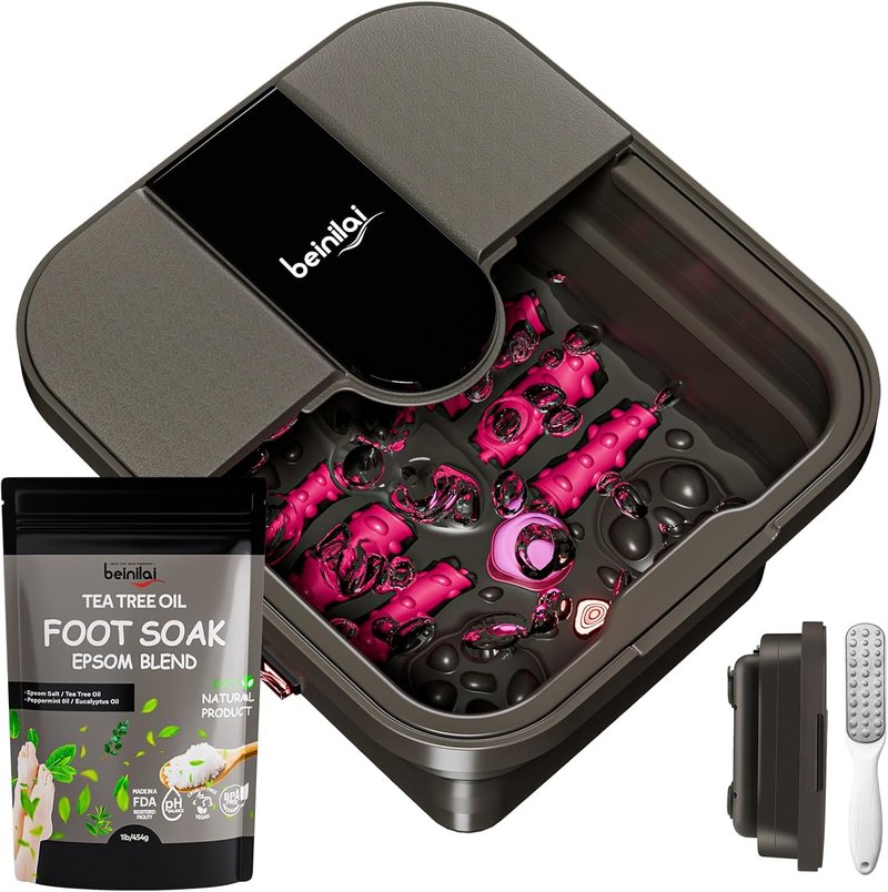Collapsible Foot Spa Bath - Heat, Bubble & Massage Rollers | Tea Tree Oil & Epsom Salt Soak, Red Light, Pumice Stone