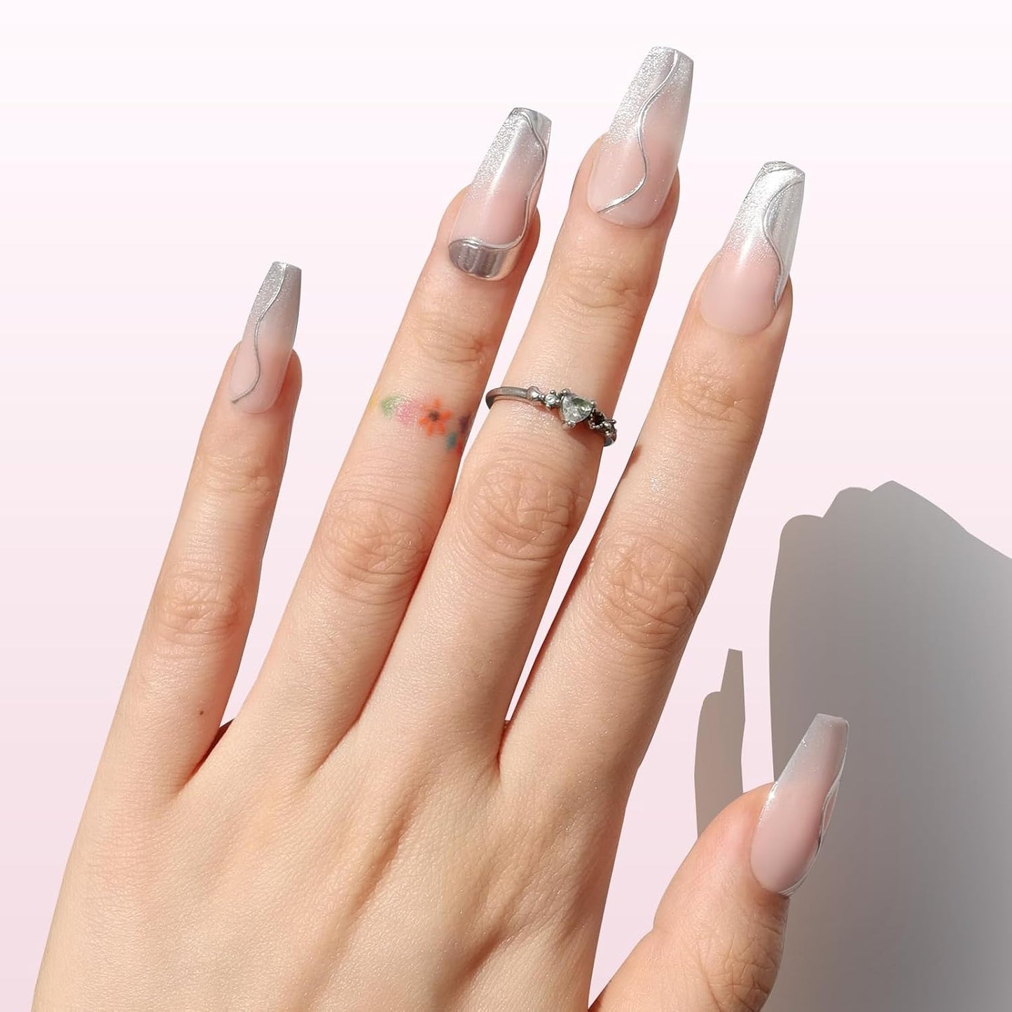 Nail Reformation Press On Nails - Pink Long Coffin 3D Metallic Glitter | 30 Reusable Stick-On Nails in 15 Sizes