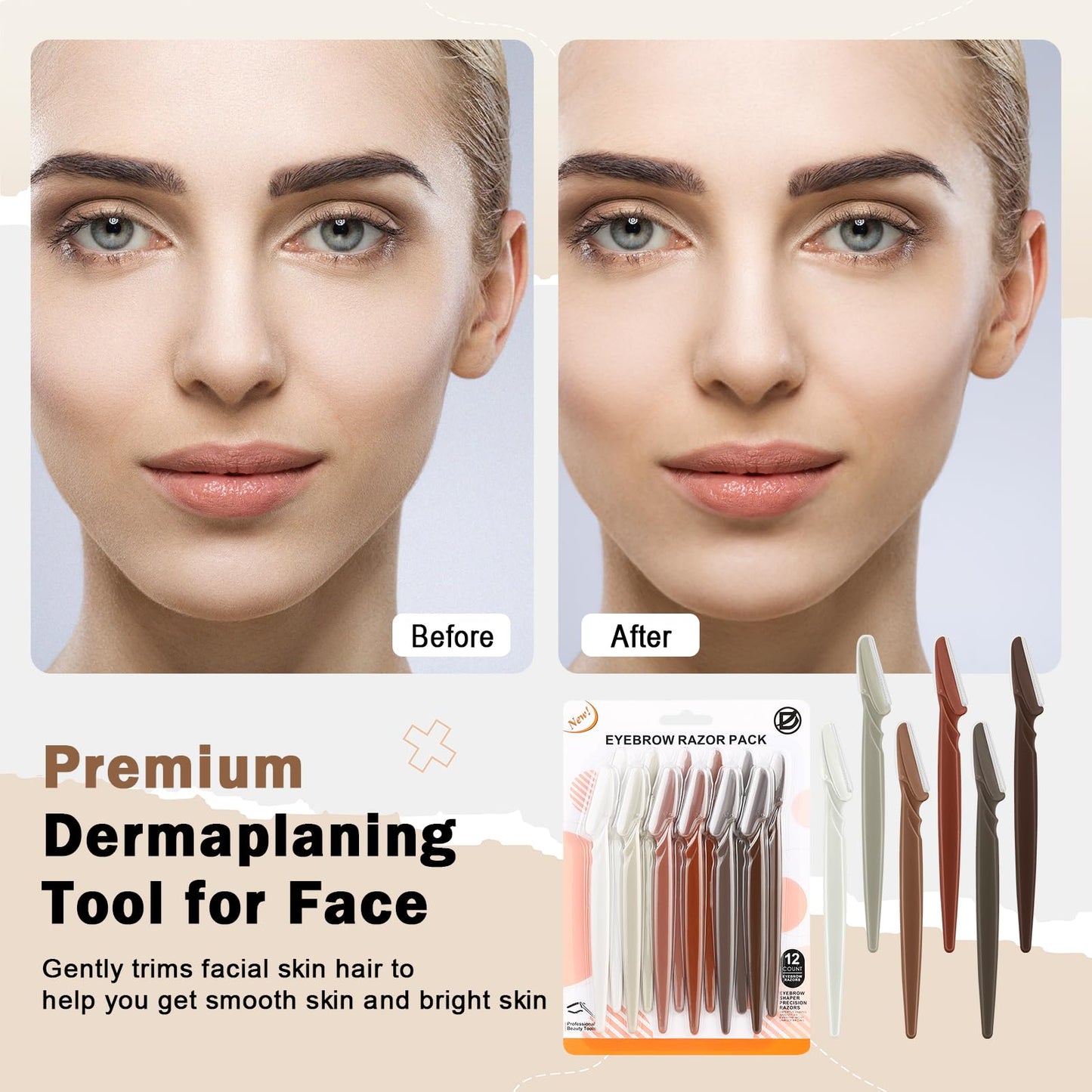 D Dermaplane Razor for Women Face - 12PCS Eyebrow Razor With Precision Cover - Dermaplaning Tool for Face Shaver - Facial Hair Removal - Neutral