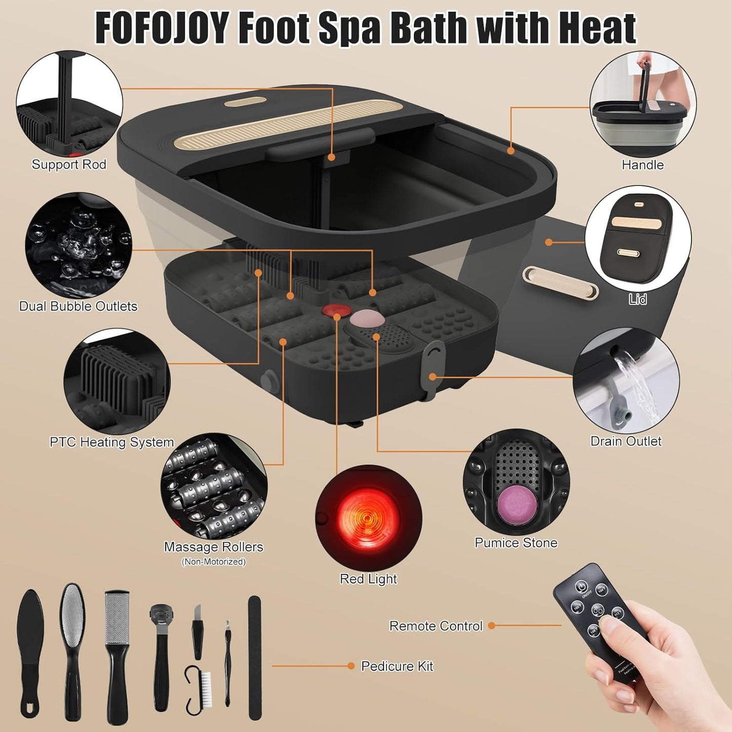Collapsible Foot Spa Bath - Heated Massager with Bubble Jets | Remote Control & Pumice Stone for Relaxation