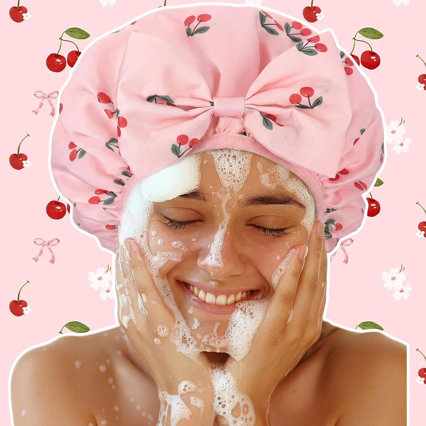 Cherry Shower Cap for Women - Terry Lined, Waterproof & Adjustable | Reusable Double Layer Bath Bonnet for Braids & Curly Hair