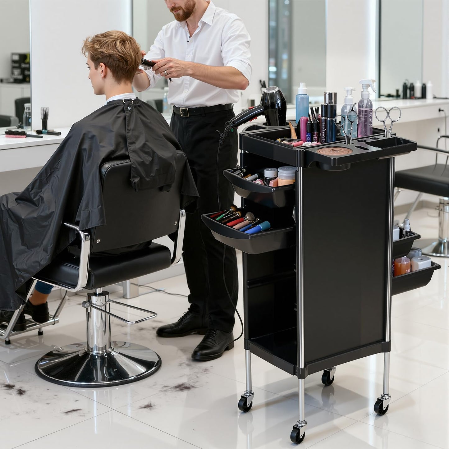 Salon Trolley Cart, 6-Layer Hair Stylist Cart with Wheels,Portable Salon Station Rolling Storage Trolley with Worktop Trays for Barbering or Hairstyling Beauty SPA Tattoo Service (Black)