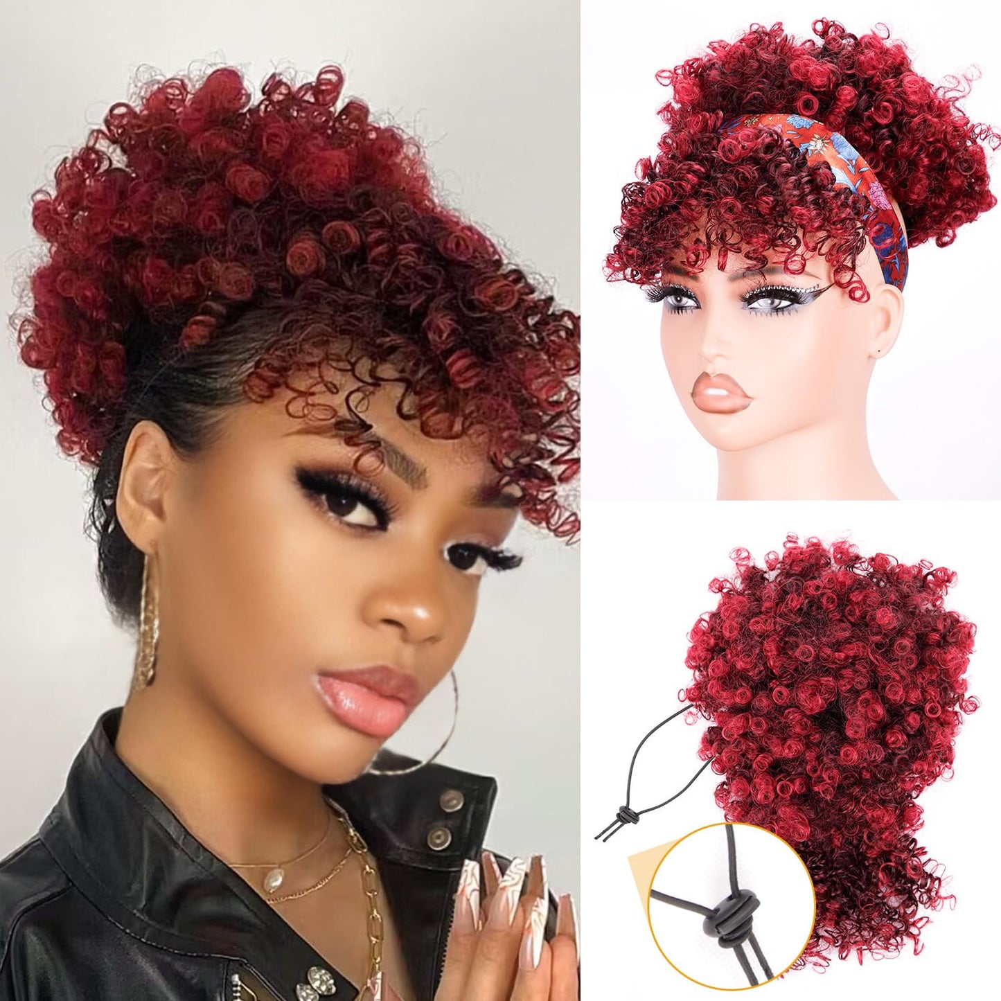 Drawstring Ponytail for Black Women - Afro Puff Kinky Curly Hair Extension with Bangs | Grey Updo