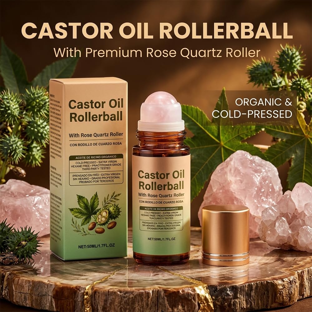 Castor Oil with Rose Quartz Roller - 100% Cold Pressed Moisturizing Oil for Face, Body & Hair | 1 Pcs