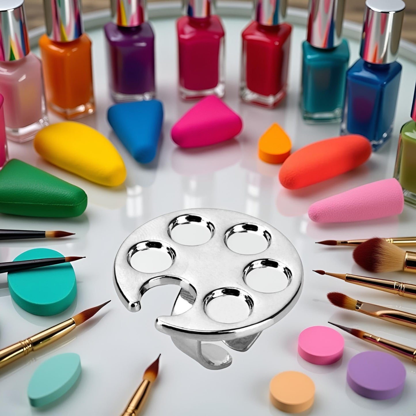Silver Mini Manicure Palette Metal Paint Palette Finger Rings Nail Art Tools Makeup Palettes