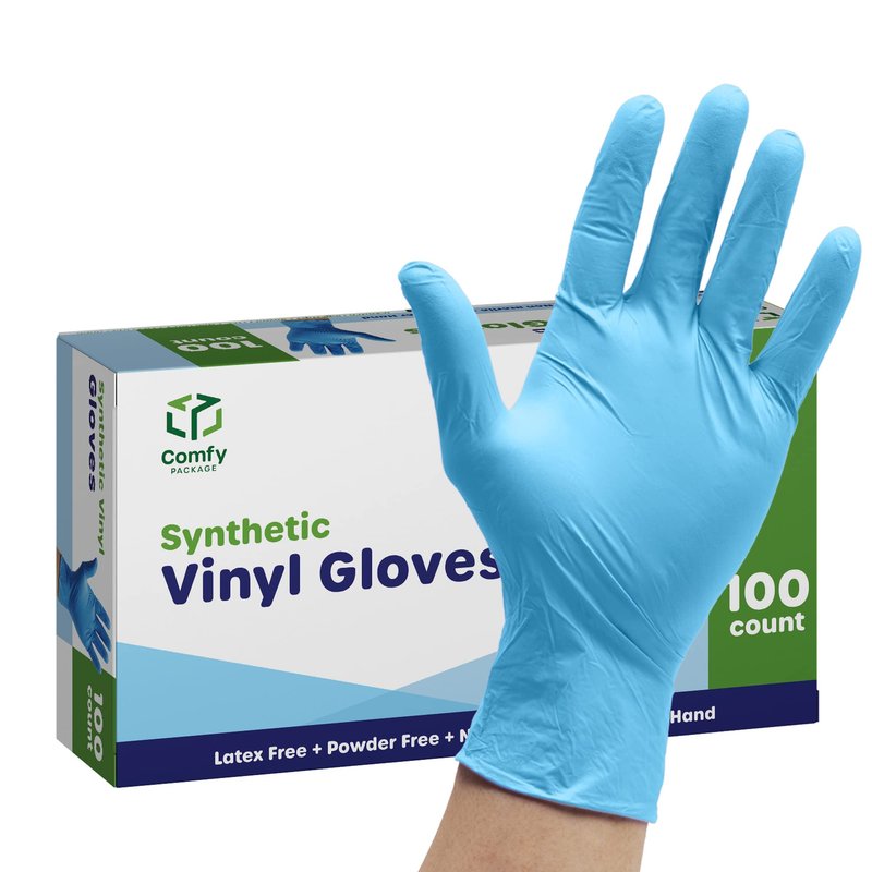 Comfy Package Synthetic Vinyl Disposable Gloves [100 Count] Powder & Latex Free, Non-Sterile, Blue Plastic Gloves for Cleaning, Food Prep & Household Use