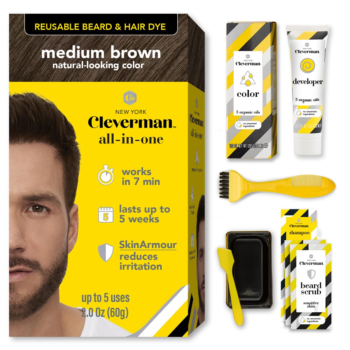 Reusable Hair & Beard Dye for Men - Medium Brown | Natural Gray Coverage, No-Drip Cream, Up to 5 Uses