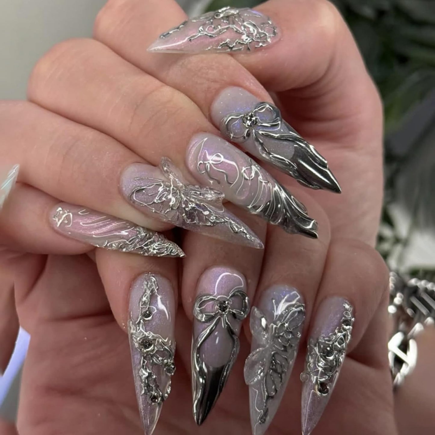 Almond Press-On Nails - Ombre French Tip with Butterfly Designs | 24 Pcs Set for Women