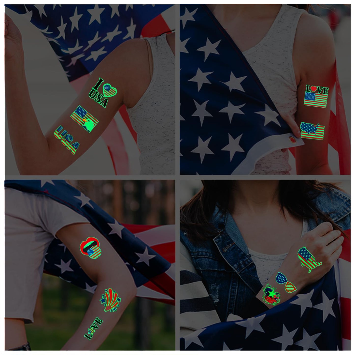 Awinmay 80 Pcs Luminous 4th of July Temporary Tattoos for Kids, American Flag Red White and Blue Decor, Fourth of July, USA Party Favors, Memorial Day, Independence Day, Labor Day Glow Party Supplies