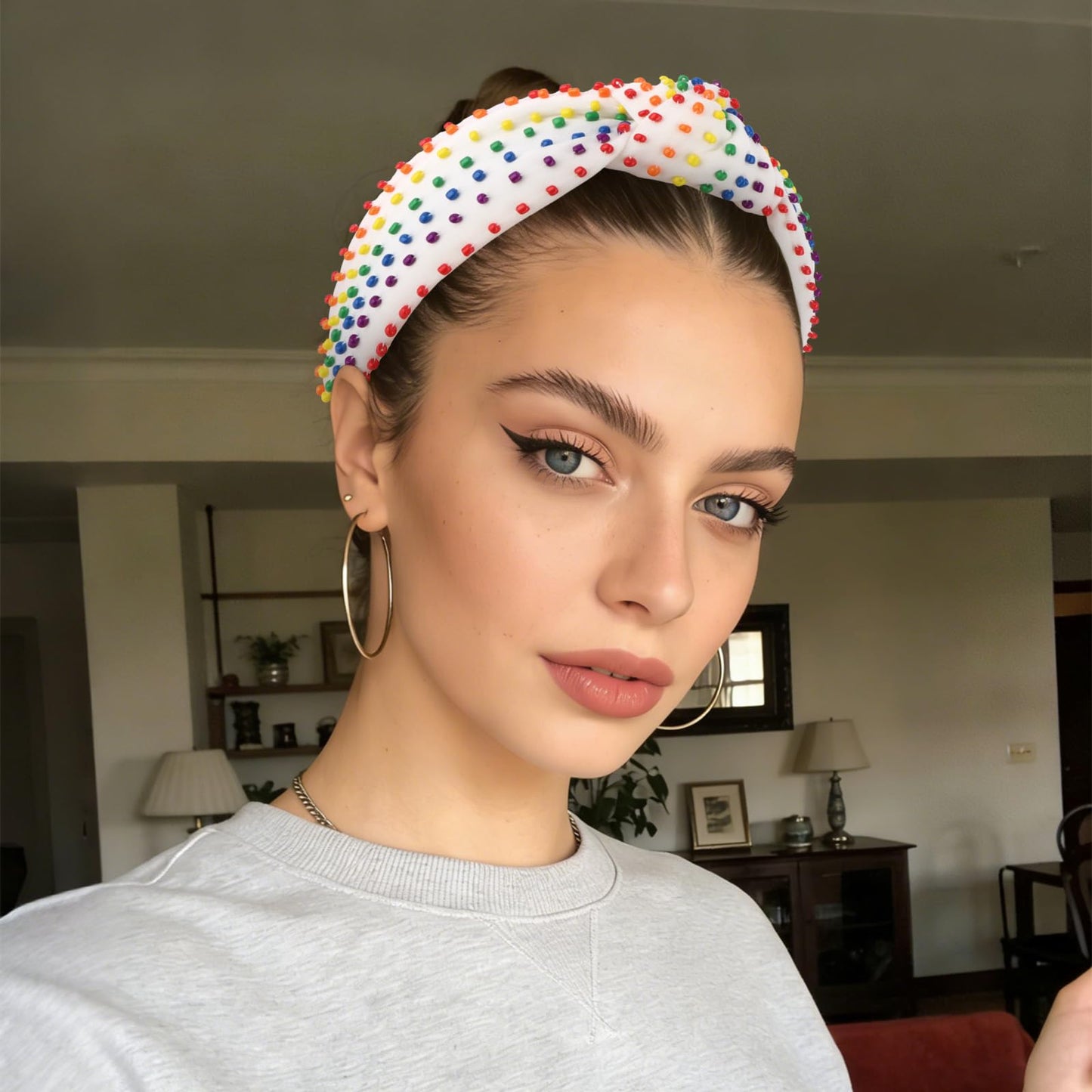 YISSION Rainbow Beaded Knotted Wide Headband for Adults - Colorful Pride Festival Hair Accessory for Parties, Celebrations & Daily Wear