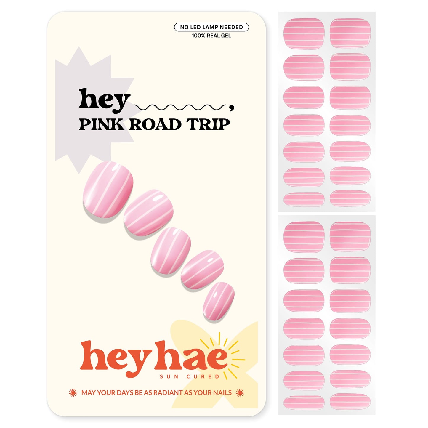 Heyhae Semi Cured Gel Nail Strips | No LED Lamp Needed |Pink, Valentines | Easy Apply & Remove, Salon Quality | Includes 28 Strips, 1 Prep Pads, Nail File & Wooden stick - Hey, Pink Road Trip
