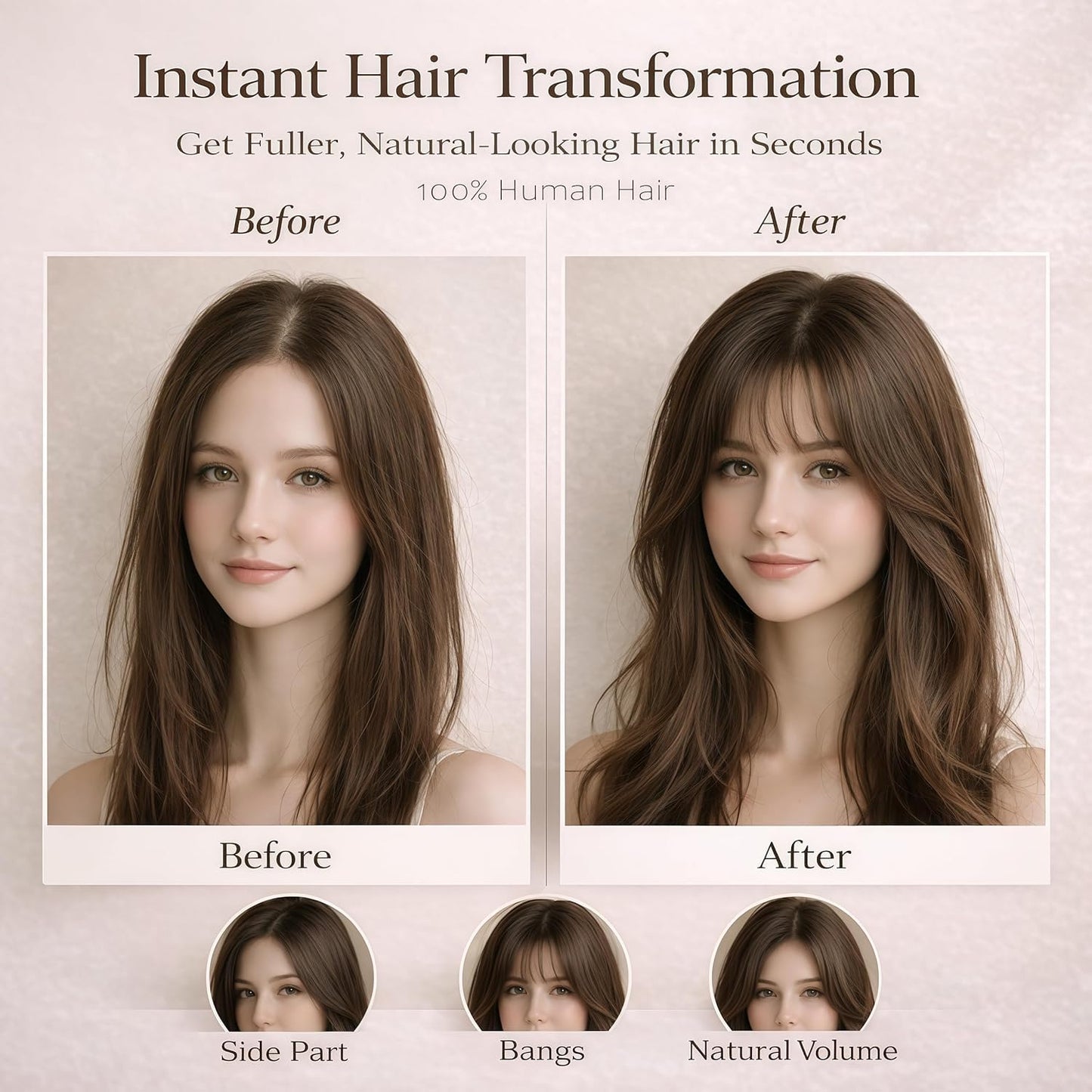 Hair Topper For Women Real Human Hair 10 Inch Super Lightweight Invisible Base Toppers Hairpieces for Women with Thinning Crown Fluffy Breathable for Summer Daily Wear(Dark Brown, French Bangs)