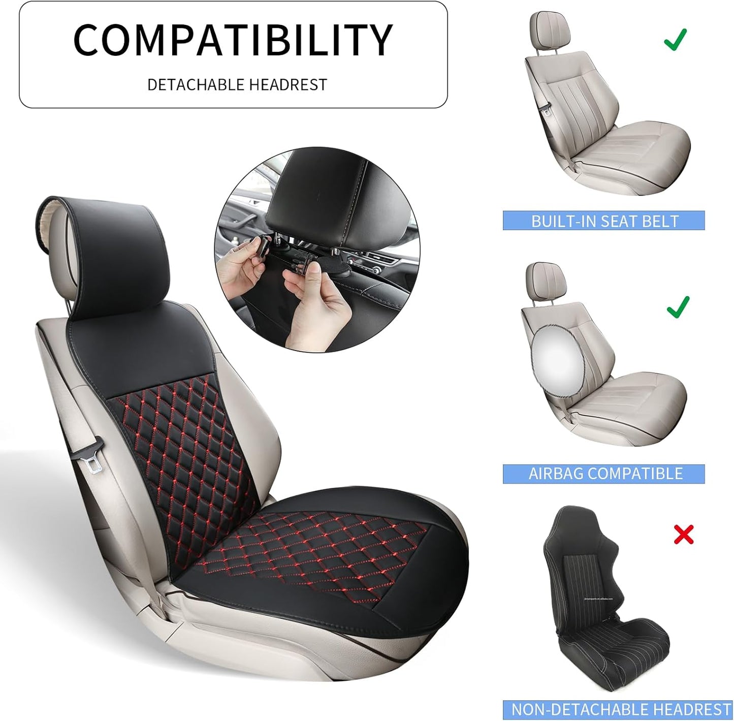 Universal Car Seat Covers - Waterproof Leather Protector for Airbag-Compatible Vehicles | 2-Pack Black-Red