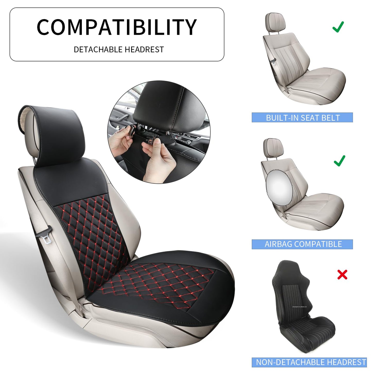 ZMOIVOK 2pcs Car Seat Covers,Leather Water Proof Material No Slip Soft Car Seat Protector Side not Wrapped,for Car with Airbags,Seat Covers Universal for Most Automotive,Suvs,Vans,Trucks (Black-Red)