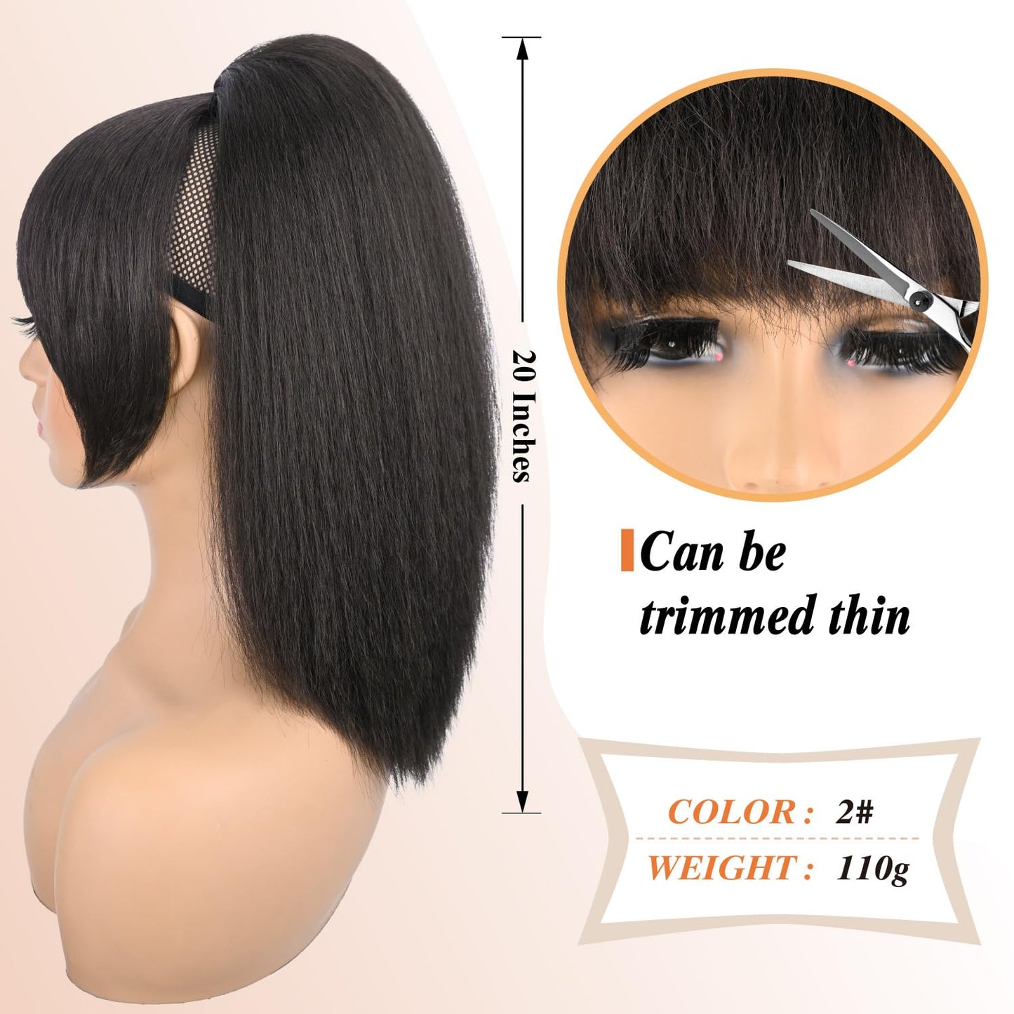Ponytail Extension with Bangs - Yaki Straight Synthetic Hairpiece | 16-Inch Clip-In for Black Women (Black Brown)