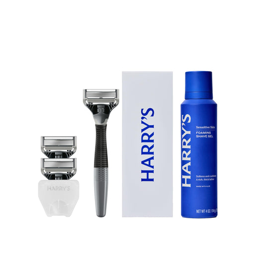 Harry's Original Shaving Kit for Men - Razor Handle, 3 Razor Blade Refills, Foaming Shave Gel, and Travel Blade Cover - German Engineered - Charcoal