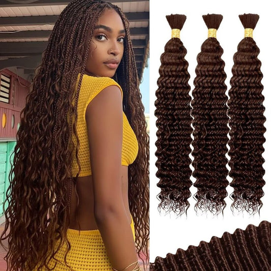 100g 3 bundles Chocolate Brown Human Braiding Hair - Deep Water Wave,24 Inch, Color4, Curly, Boho Braids, No Weft, 3 Braids Per Pack, Wet and Wavy