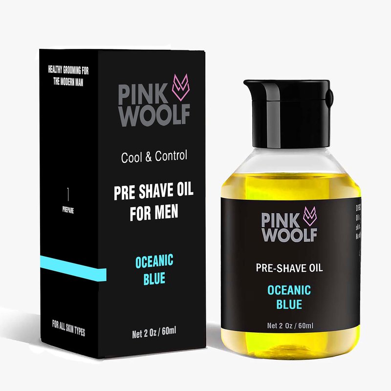 Pink Woolf Pre Shave Oil for Men – Electric & Wet Shave Prep – Helps Reduce Tugging, Razor Burn & Irritation – Razor Glide Oil for Electric Razor & Head Shaving – OCEANIC BLUE, 2 Fl Oz