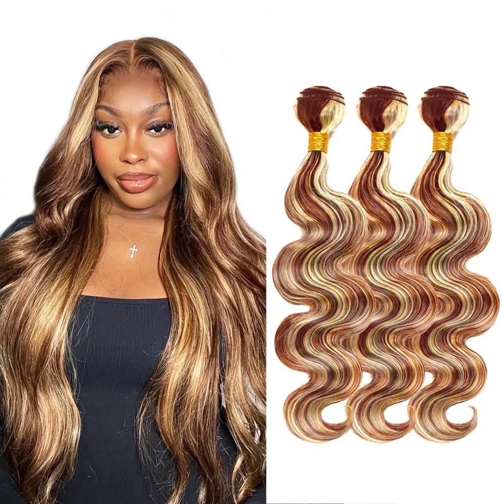 P33/613 Hilight Blonde Bundles Human Hair Body Wave Bundles 28 30 32 Inch Brown Body Wave Bundles Unprocessed Brazilian Virgin Hair Deals Quick Weave Hair Extensions 3 Bundle 100 Gram Per Bundle