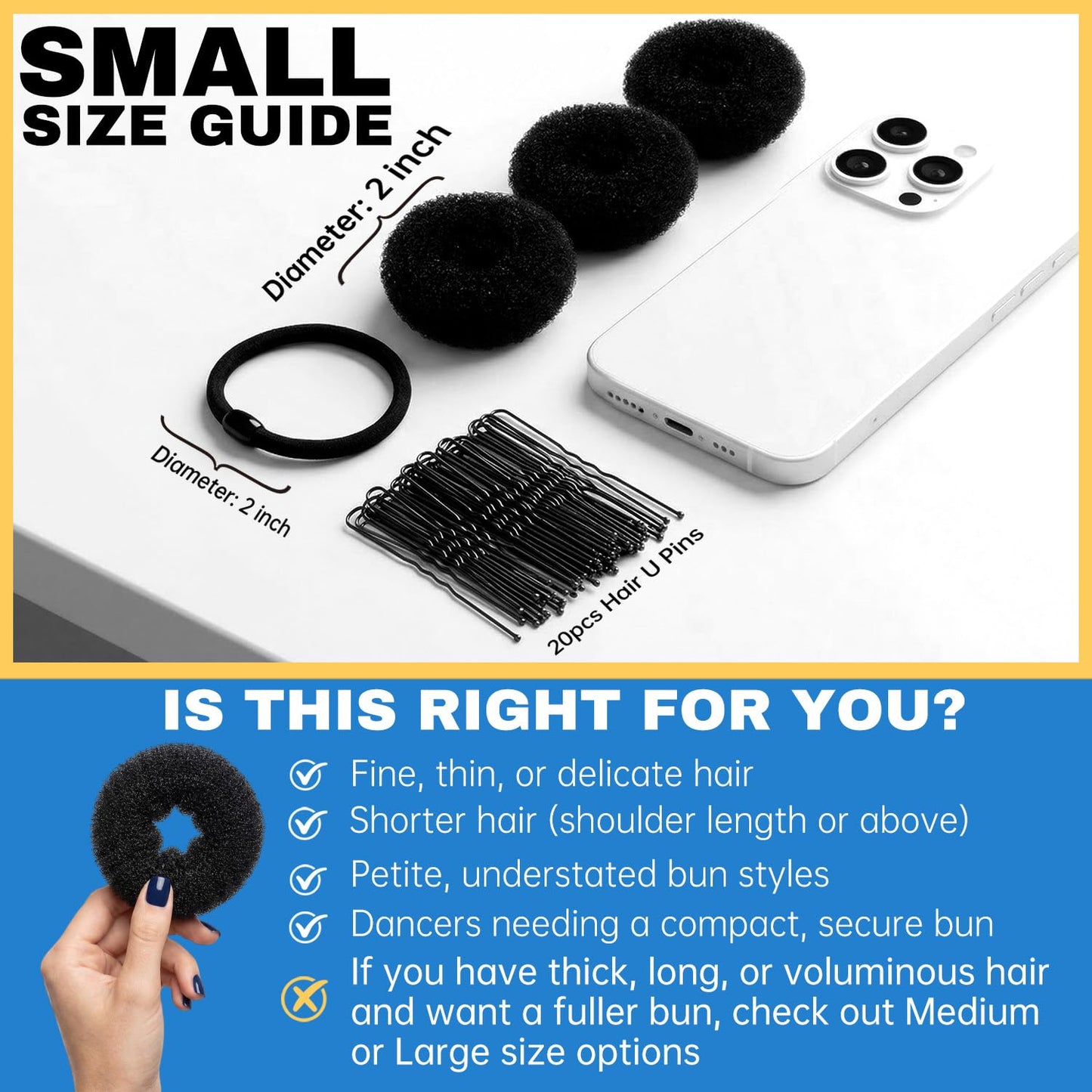 Small Hair Donut Bun Maker - 6pcs Chignon Ring for Thin Hair | Includes 5 Hair Ties & 20 U Pins (Black)