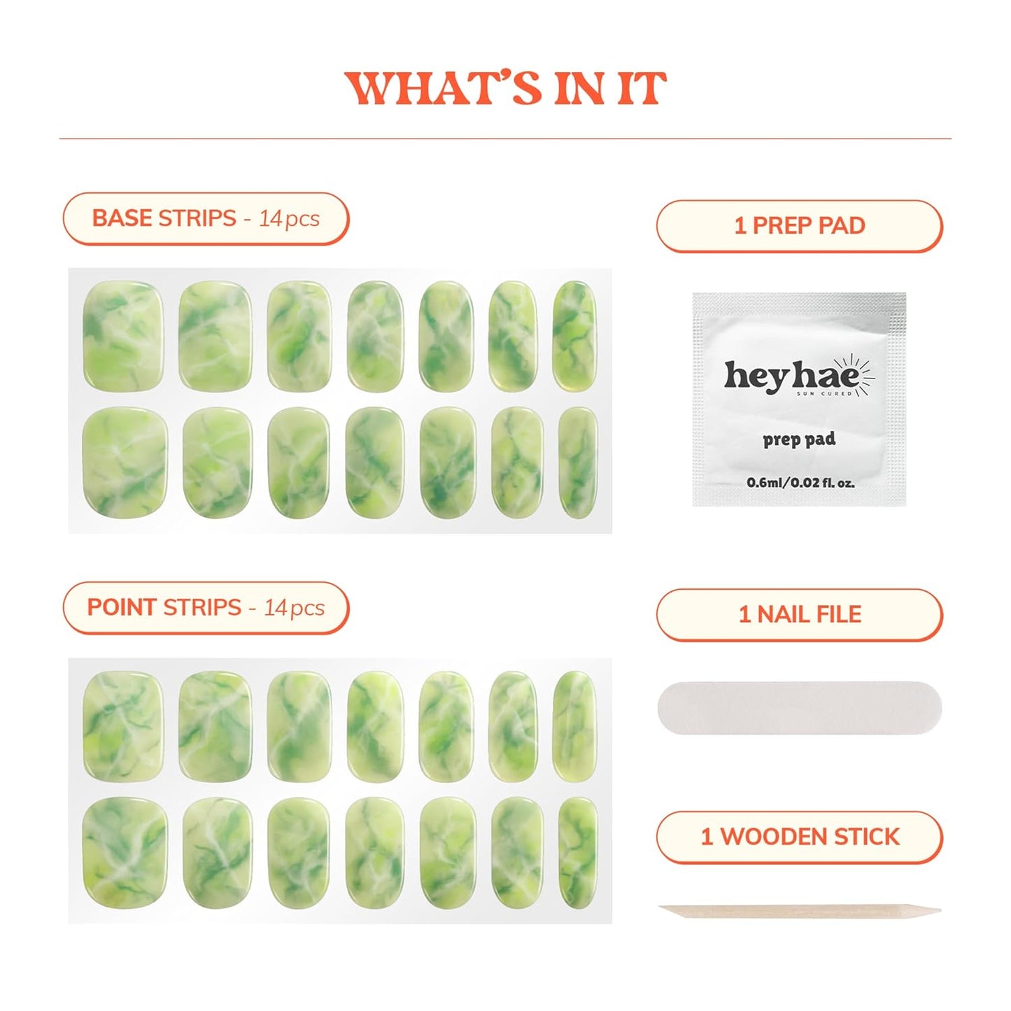 Semi Cured Gel Nail Strips - Easy Apply Marble Green Design | 28 Strips, Prep Pads & Nail File Included