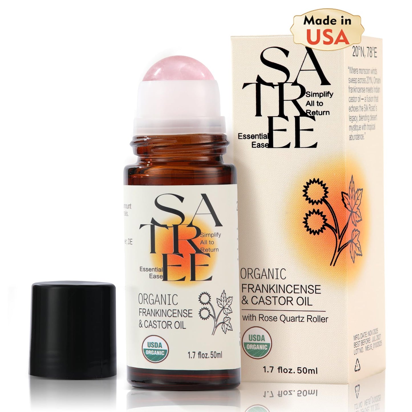 Satree Organic Castor & Frankincense Oil with Rose Quartz Rollerball - USDA Certified Essential Blend Oil Roll-On, for Face & Body, Anti-aging, Dark Circles (1.7fl oz)