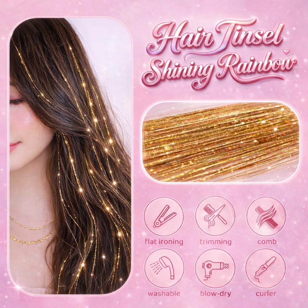 Gold Hair Tinsel Kit - 8 Pcs 48-Inch Glitter Hair Extensions for Parties & Festivals