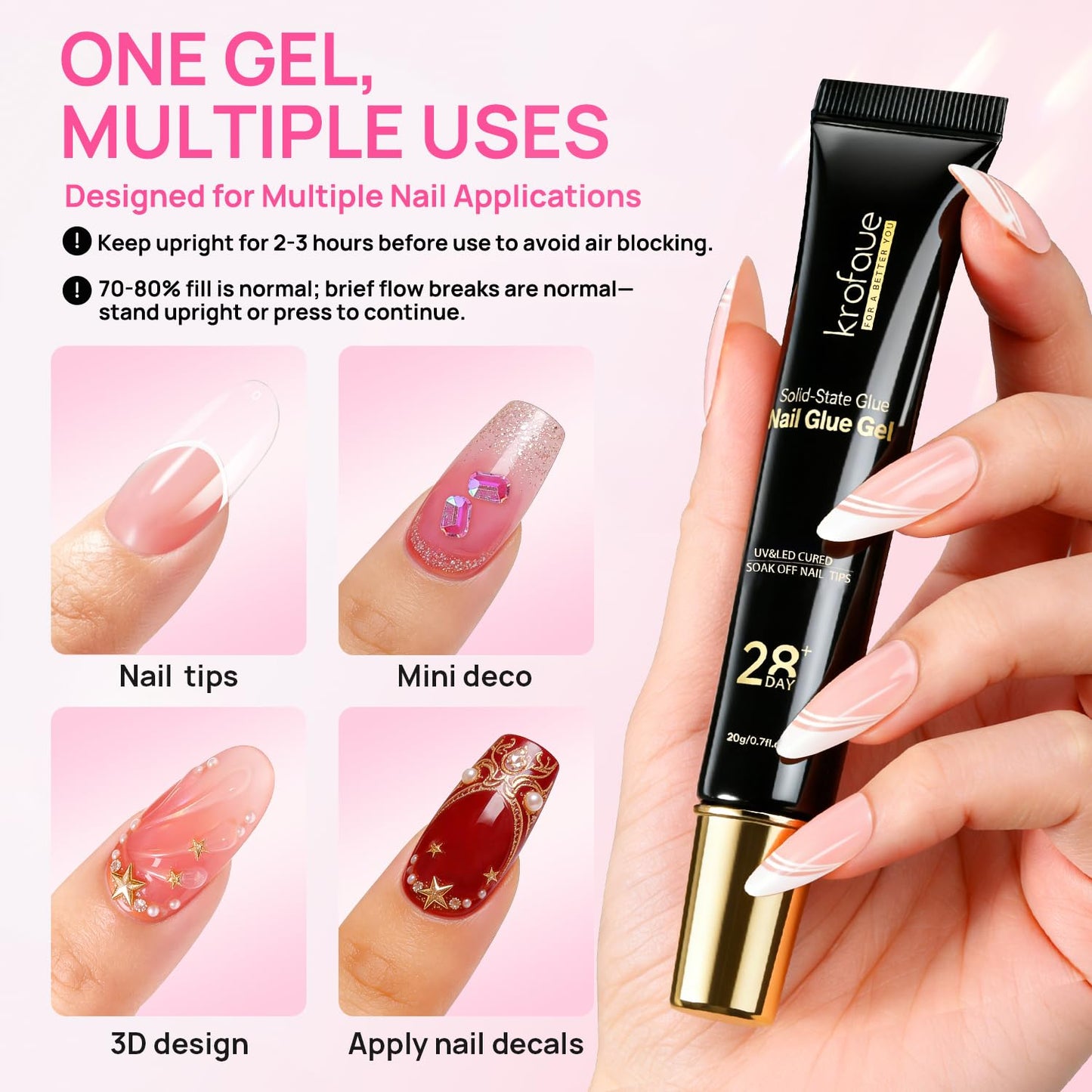 krofaue Solid Nail Glue Gel, Press on Nail Glue 4 x 20g Each (80g Total), Need UV LED Lamp Curing Strong Adhesion for Acrylic Nail Tips Rhinestones 3D Nail Gel Nail Extension Professional Use