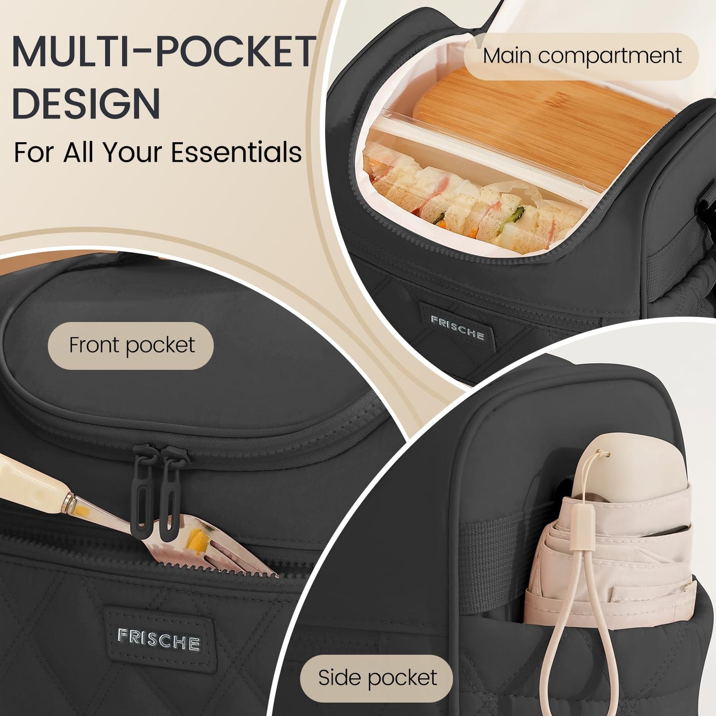SODEER Lunch Bag for Women and Men Leakproof,Insulation Lunch Box,Soft Lunch Cooler with Adjustable Strap for Work Travel,Black