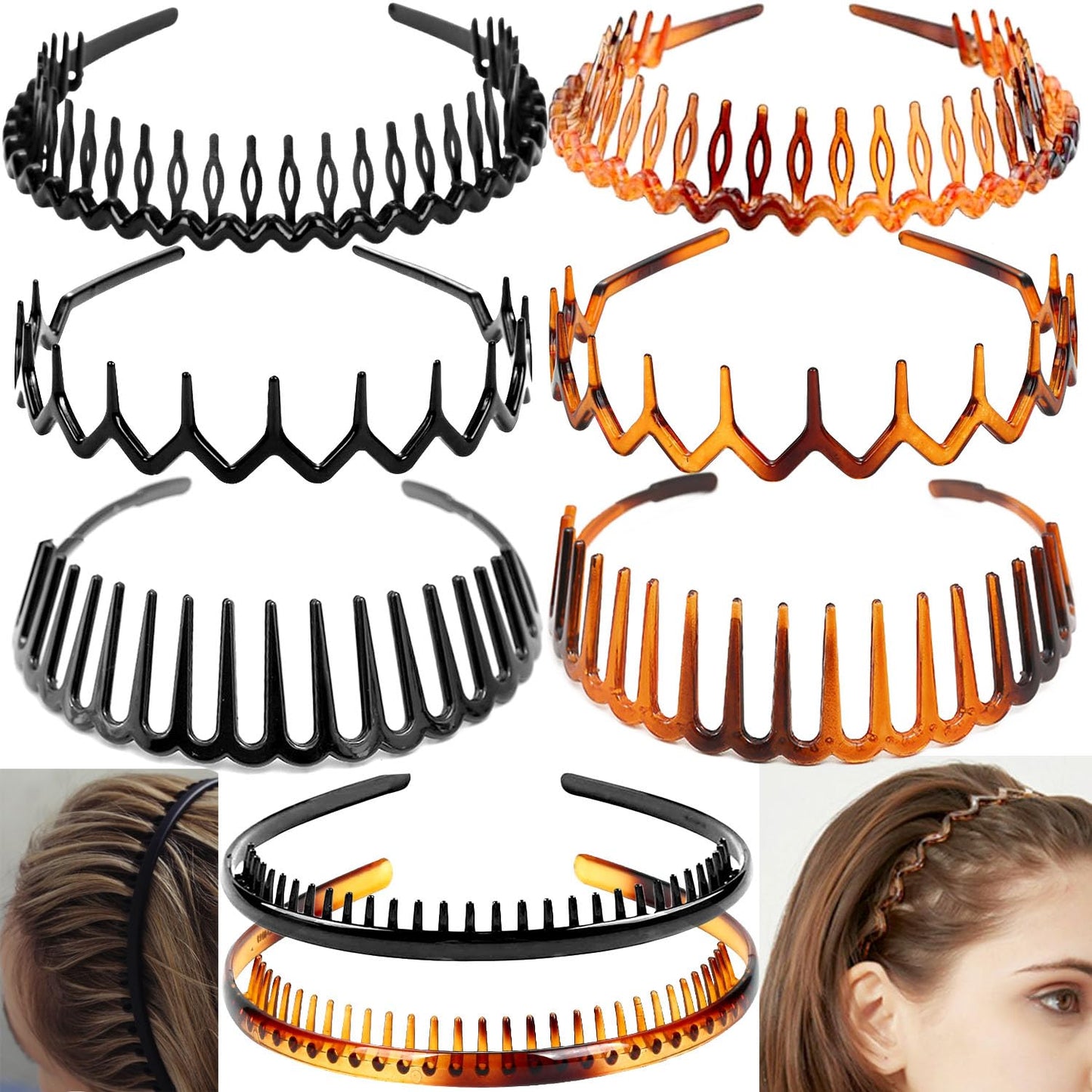 Effortless Black Plastic Headbands - 8 PCS No-Slip Hair Accessories for Women, Men & Teens