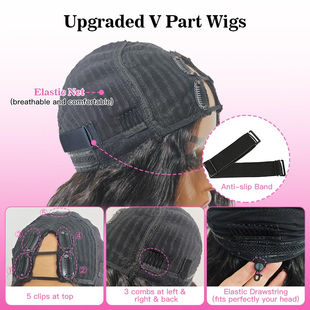 V Part Wig Human Hair Body Wave - 200% Density Glueless Clip-In Half Wig for Women | Natural Black 18 Inch