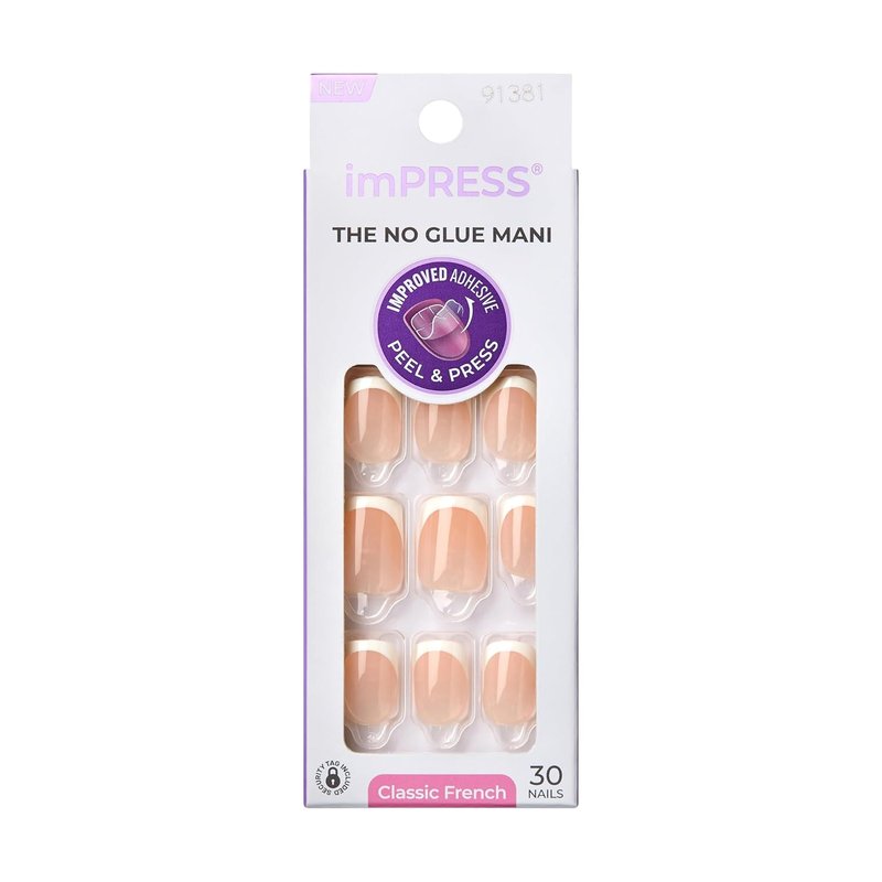 Kiss Impress No Glue French Press-On Nails - Short Squoval Shape, White | 30 Nails, Prep Pad & Manicure Tools