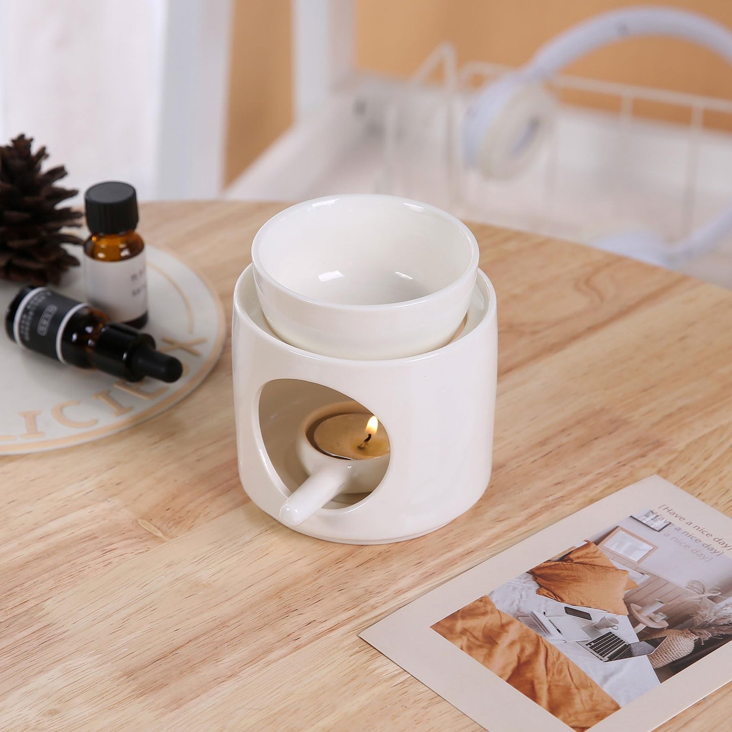 Auxmeware - Essential Oil Burner for Scented Oil, Oil Warmer, Tealight Wax Melt Warmer, Candle Diffuser, Tea Light Holder, White