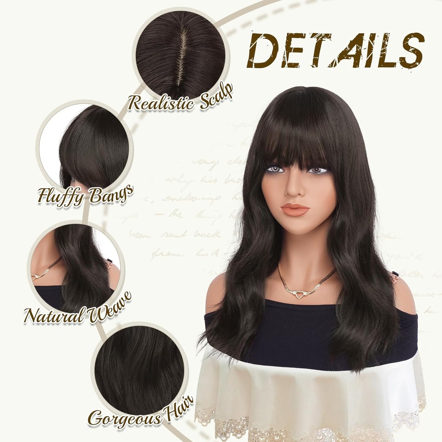 Brown Wigs with Bangs - 19-Inch Natural Wavy Synthetic Hair for Daily Wear | Dark Brown