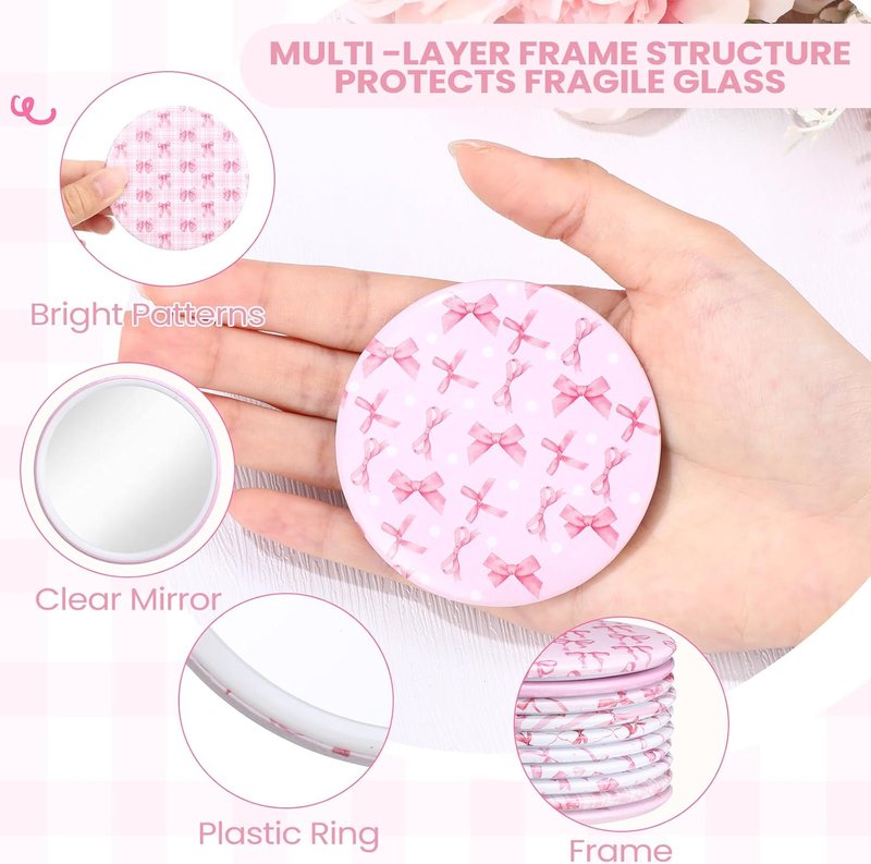 20 Pcs Pink Bow Compact Mirrors - 2.75 Inch Round Portable Makeup Mirrors | Party Favors & Gifts for Women