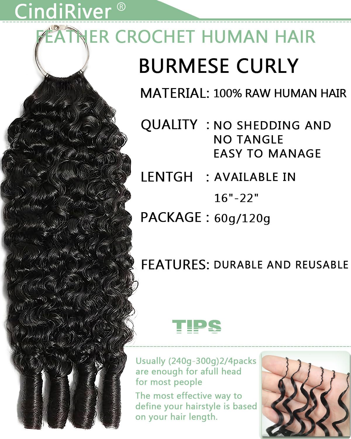 CindiRiver Burmese Curly Crochet Human Hair 18 Inch 120g Knotless Pre-Separated Feather Crochet Human Hair Reusable Virgin Hair Extensions with Spiral End