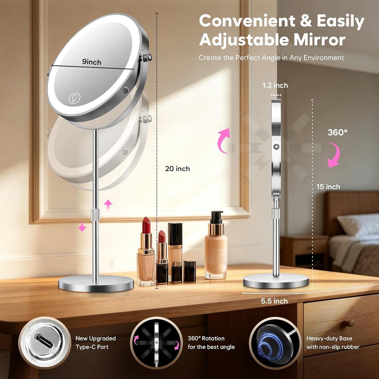 Makeup Mirror with Lights - 1X/30X Double-Sided Magnifying | Brightness Adjustable, 360° Rotation, Ideal Gift for Women