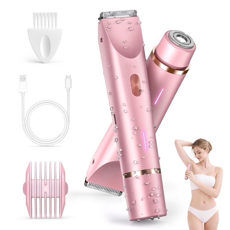 Bikini Trimmer for Women, 2-in-1 Electric Razor with Dual Head, IPX7 Waterproof Body Hair Trimmer for Pubic Hair, Legs, Underarms and Sensitive Areas, Cordless Rechargeable(Pink)
