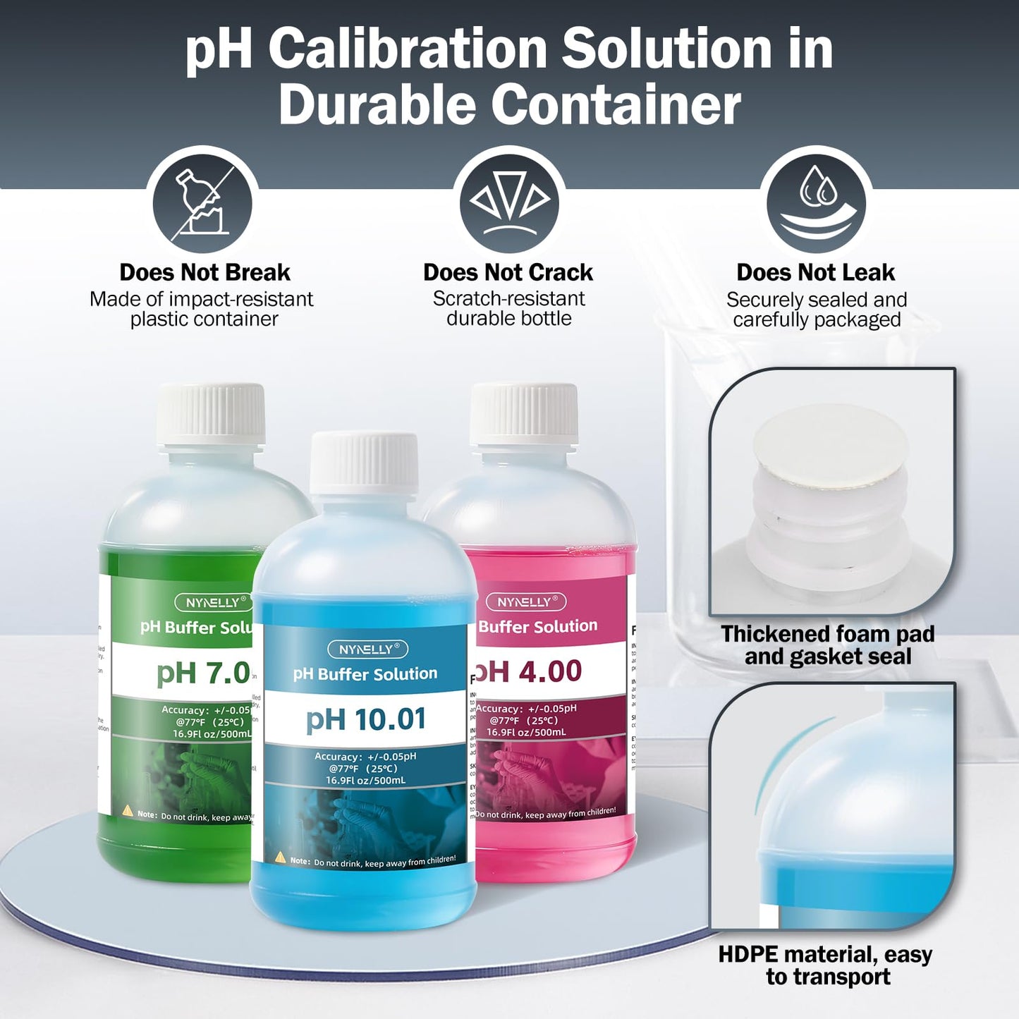 Nynelly pH Meter Calibration Buffer Solution Kit–4.00 7.00 10.01, Each 500ml(16.9fl oz) and 30ml KCL pH Probe Storage Solution for Precisely Calibrate pH Tester, 3 Beakers Included