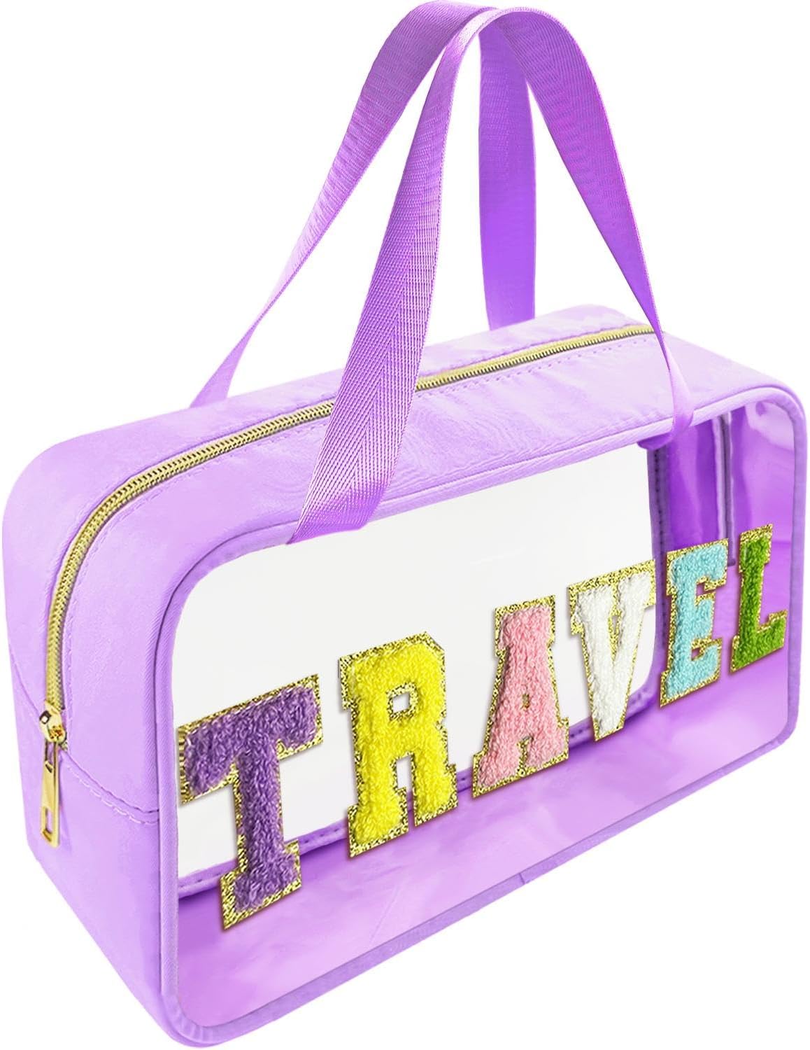 Chenille Letter Clear Makeup Bag - Waterproof Travel Toiletry Bag with Handle | Preppy Dance Patch Design (Black)