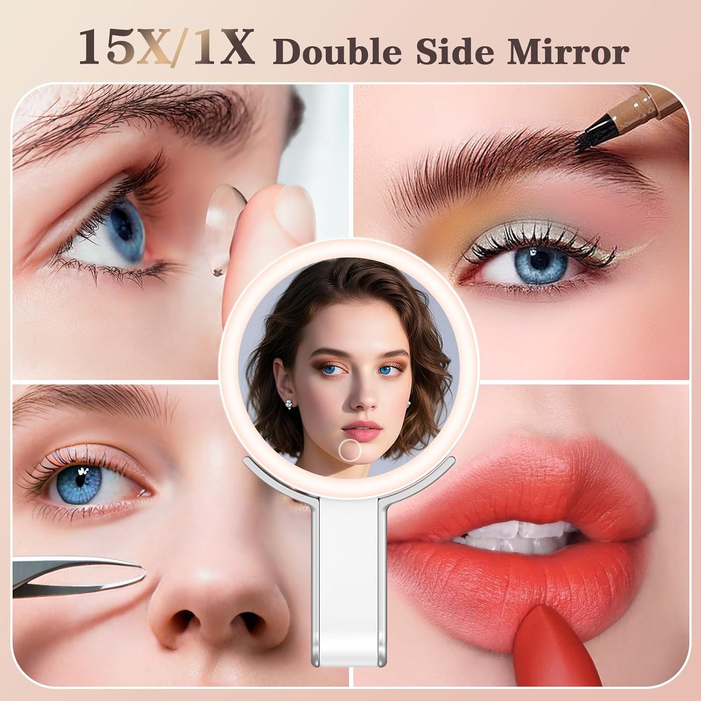 Travel Makeup Mirror with Lights - 15X/1X Double-Sided LED Magnifying Mirror | Portable, Dimmable Touch Control, 3 Color Lighting