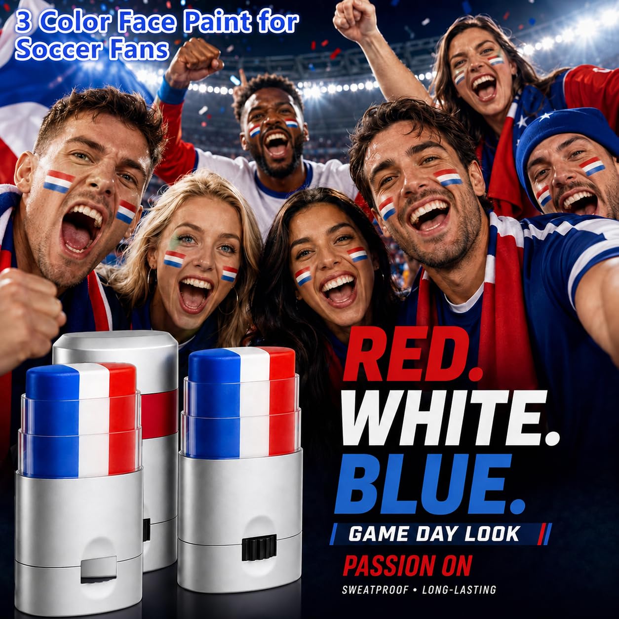 Go Ho 3PCS Red White and Blue Eye Black,Patriotic USA Flag 4th of July Face Paint Makeup for Independence Day,Soccer Fans Eye Black Stick,Eye Black Stick for Baseball Party Favors