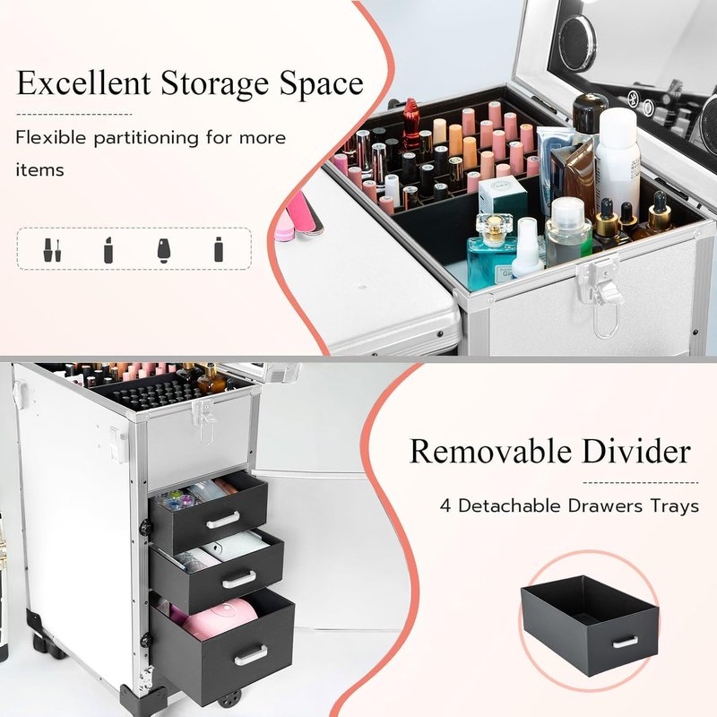 Portable Nail Desk - LED Mirror, Foldable Manicure Table with 3 Drawers | Mobile Nail Tech Workstation (White)