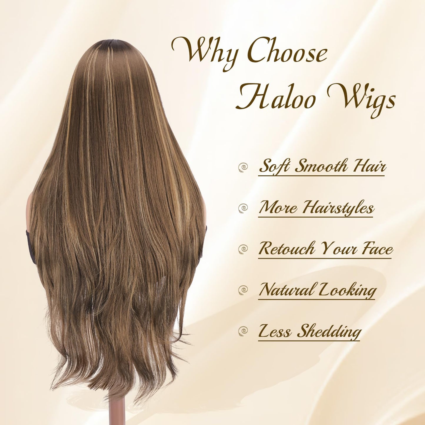 Haloo Blonde Brown Wigs with Bangs - Long Layered Natural Looking Synthetic Heat Resistant Wavy Hair Wigs for Women Daily Party, 26 Inch Blonde Mixed Brown