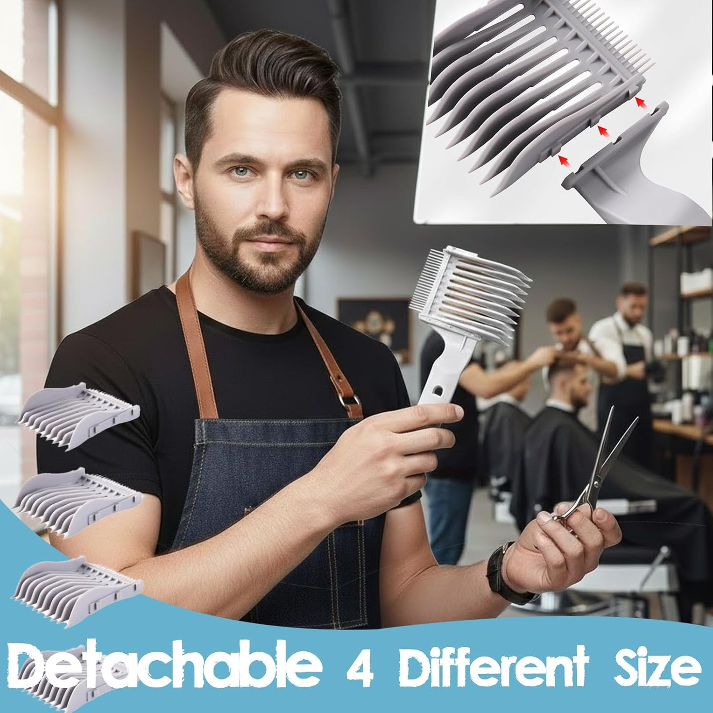 Professional Barber Fade Comb Set - Ergonomic Hair Cutting Tool with 4 Interchangeable Heads | Smooth Blending & Long Handle