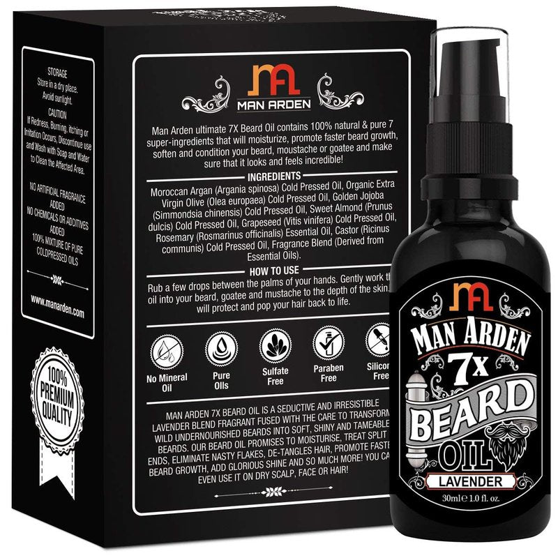 Man Arden 7X Beard Oil (Lavender) 30ml, 7 Premium Oils For Beard Growth & Nourishment