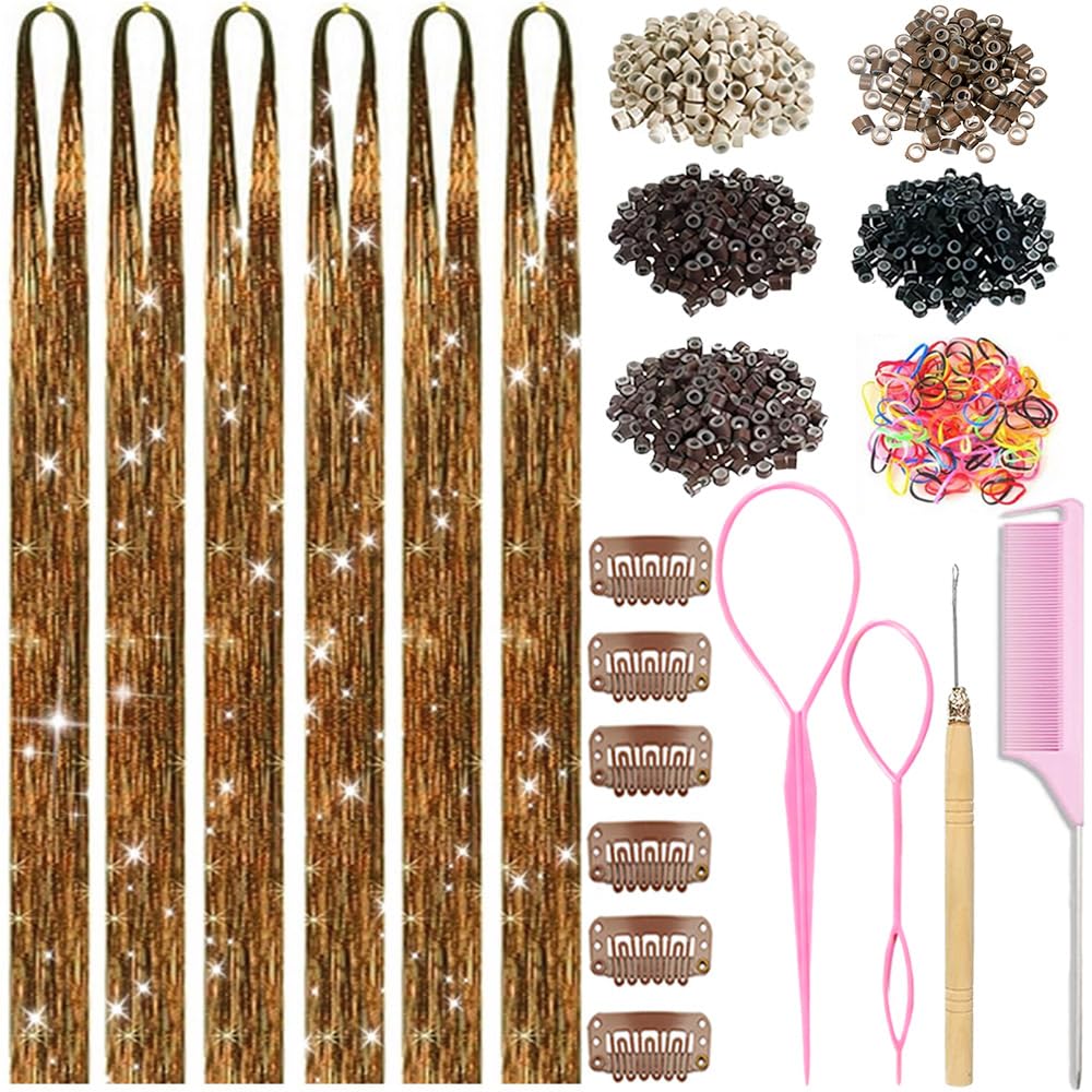 Hair Tinsel Kit - 48 Inch Holographic Glitter Strands for Party & Cosplay | Heat Resistant Bronze Gold
