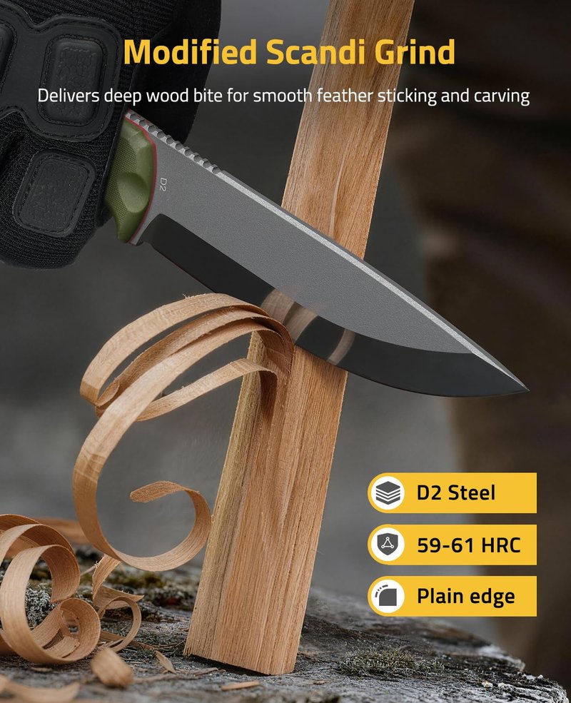 CVLIFE Fixed Blade Knife with Sheath, 5.2" D2 Steel Full Tang Survival Bushcraft Knife, Scandi Grind, 5-Layer Handle with G10 Liners, Heavy Duty Hunting Camping Knives for Men, Green
